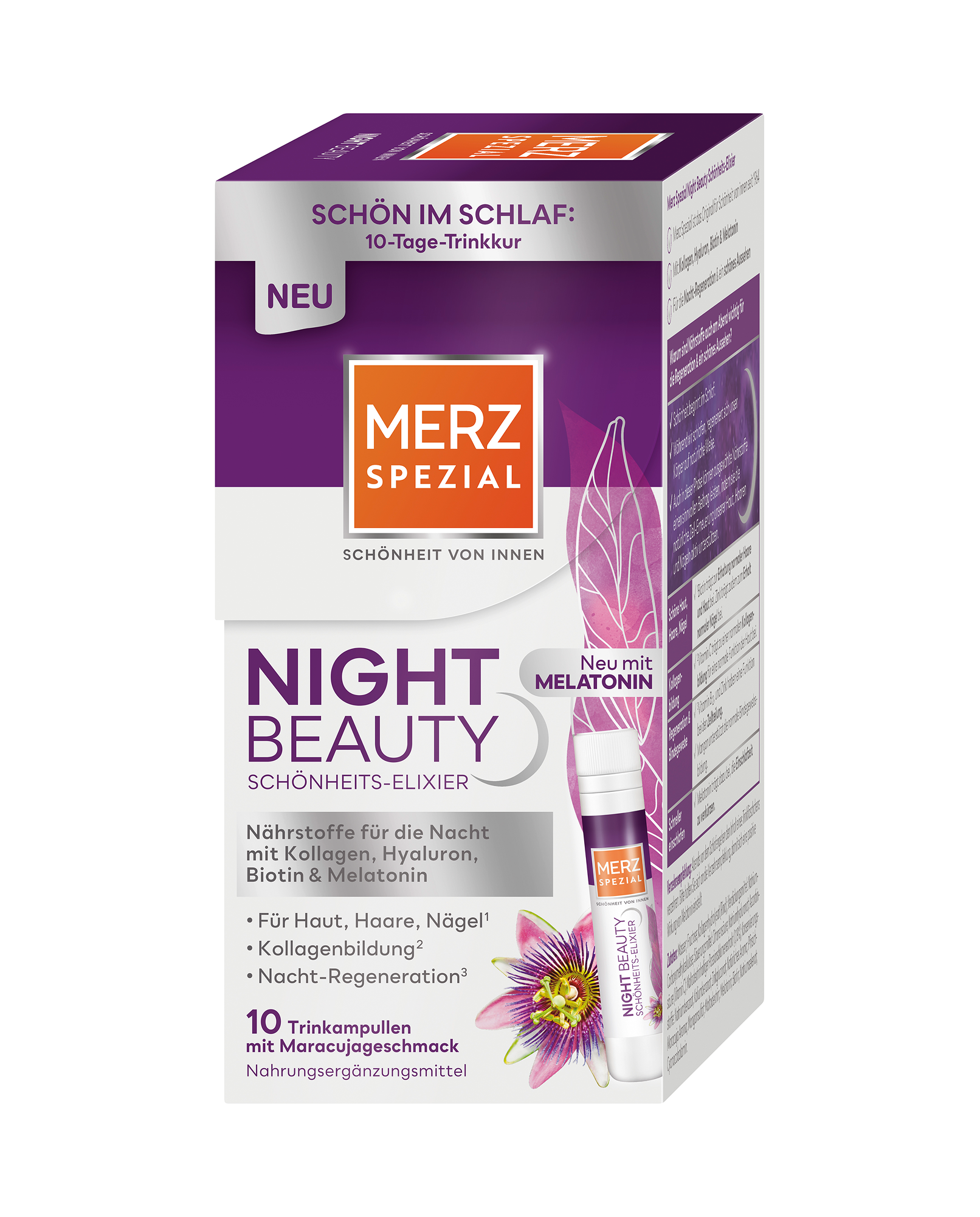Merz Spezial Night Beauty Schönheits-Elixier-Box mit Text, Blume, Ampulle – enthält Biotin für Haut, Haare und Nägel.