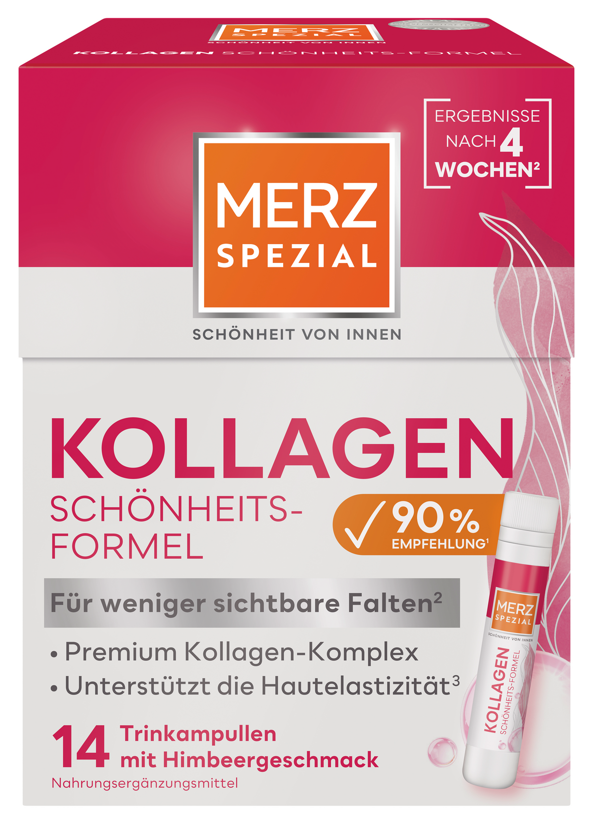Merz Spezial Kollagen Schönheits-Formel Trinkampullen, 14 Himbeer-Ampullen, rosa-weiße deutsche Verpackung.