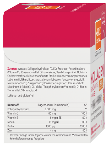 Eine Packung Merz Spezial Kollagen Schönheits-Formel Trinkampulle mit deutschen Nährwertangaben und Inhaltsstoffen.