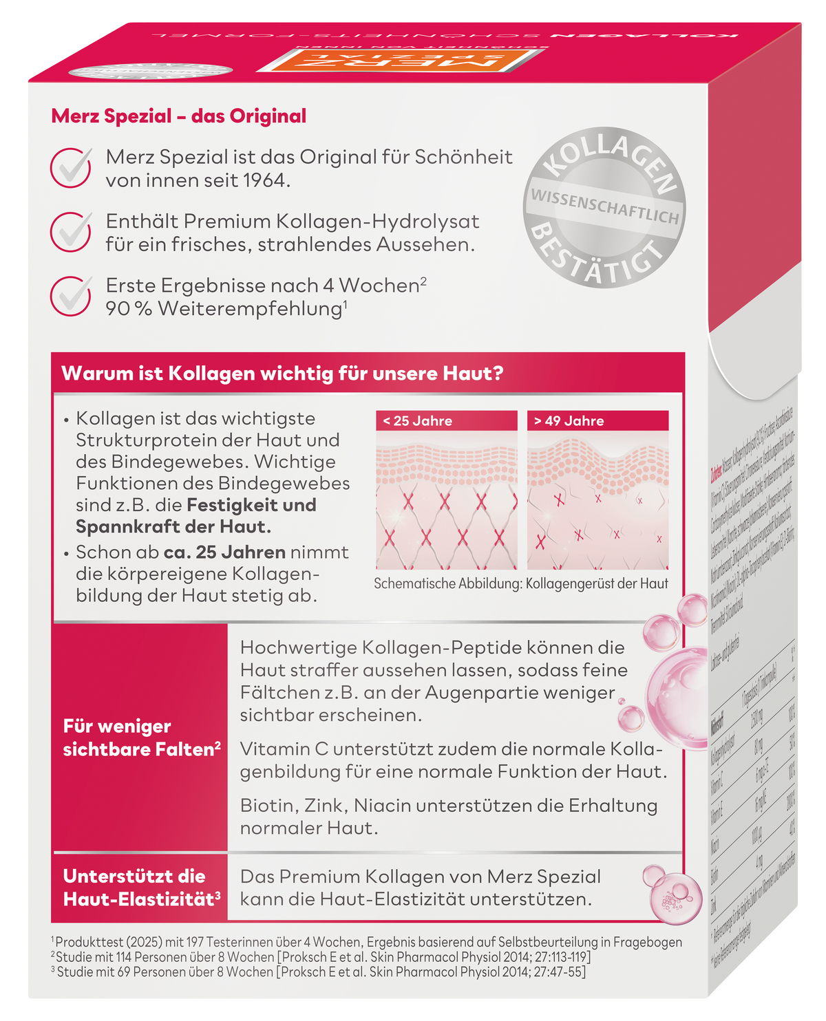 Rosa-weiße Verpackung der Merz Spezial Kollagen Schönheits-Formel-Trinkampullen mit deutschem Text und einer Kollagen-Illustration.