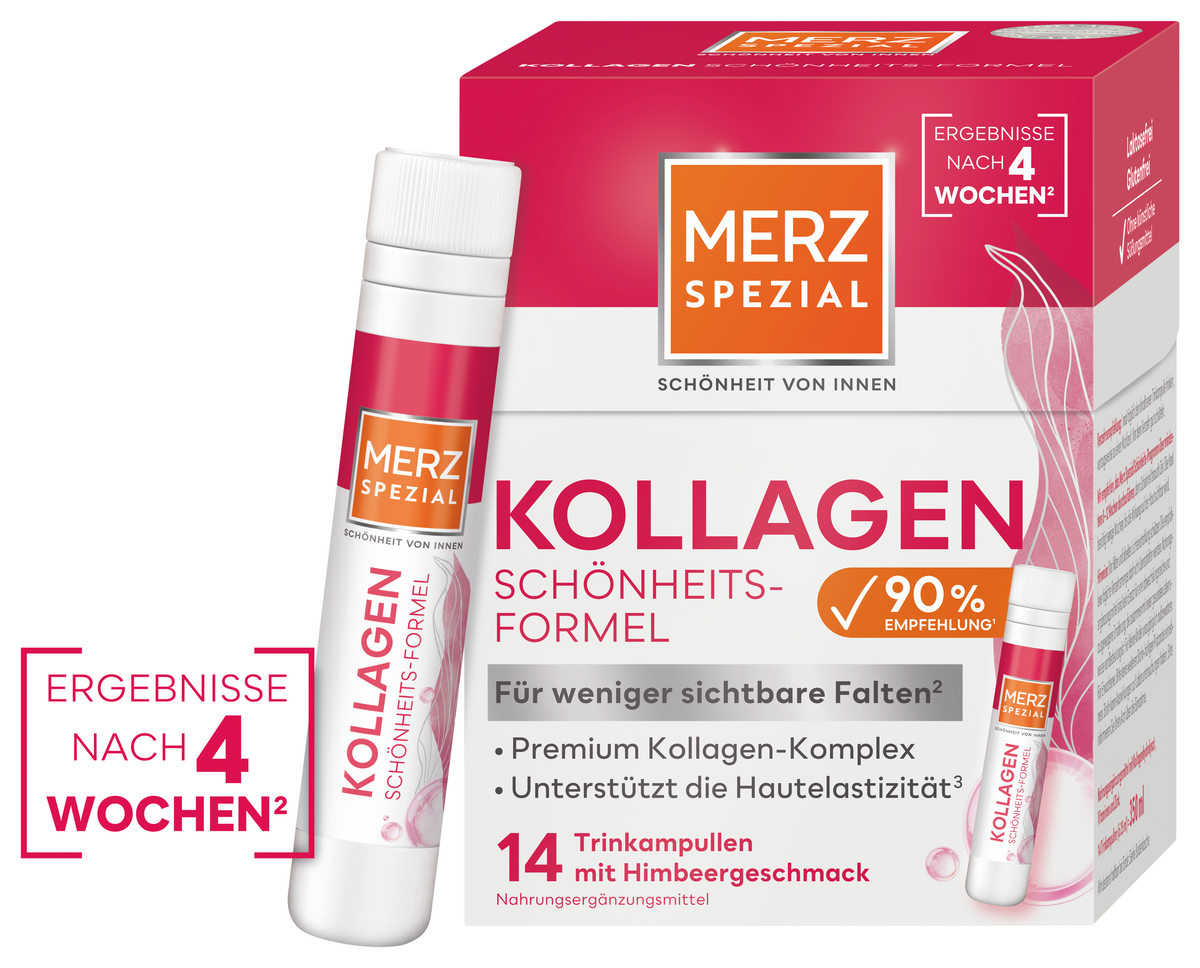 Die Merz Spezial Kollagen Schönheits-Formel Trinkampullen tragen dazu bei, Falten zu reduzieren und die Hautelastizität zu fördern.