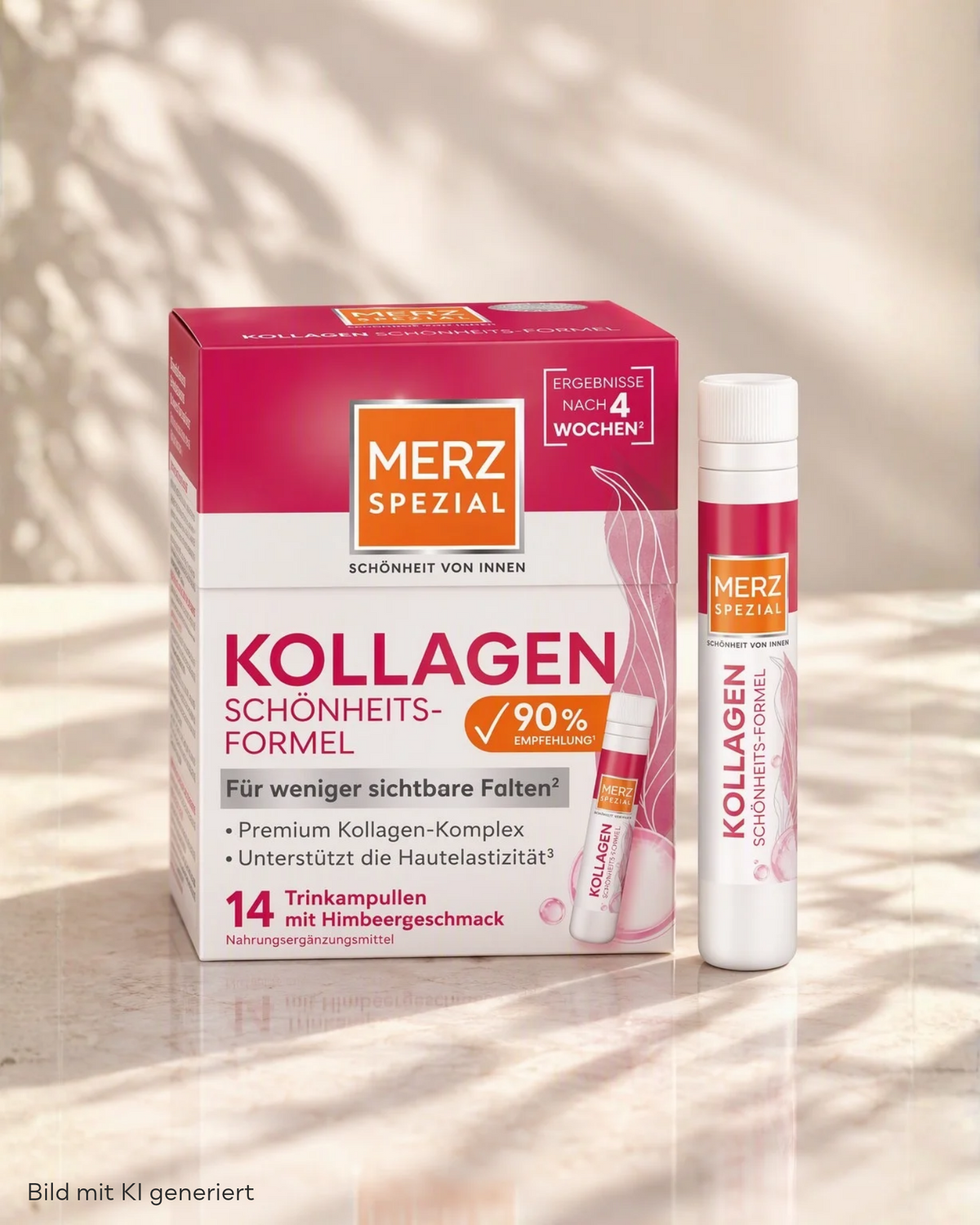 Die Merz Spezial Kollagen Schönheits-Formel Trinkampulle stärkt die Hautelastizität und schmeckt köstlich nach Himbeere.