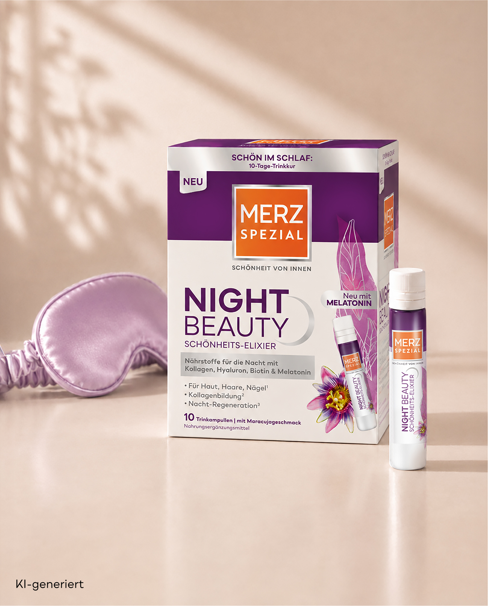 Merz Spezial Night Beauty Schönheits-Elixier: Schachtel und Fläschchen mit einer violetten Schlafmaske auf beigem Hintergrund.