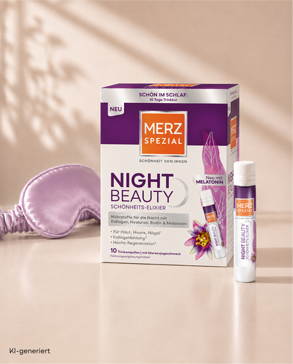 Merz Spezial Night Beauty Schönheits-Elixier: Schachtel und Fläschchen mit einer violetten Schlafmaske auf beigem Hintergrund.