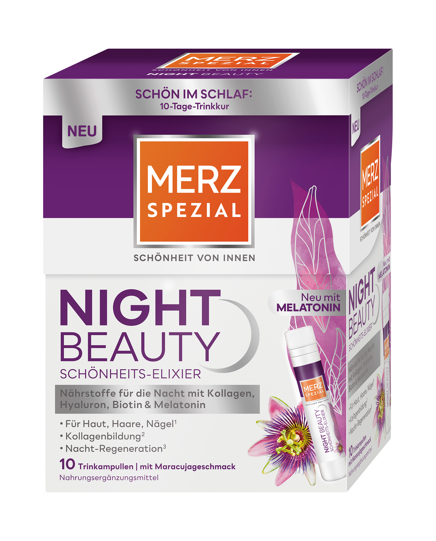 Merz Spezial Night Beauty Schönheits-Elixier mit Biotin und Hyaluron, abgebildet mit Passionsblumen, mit deutscher Beschriftung.