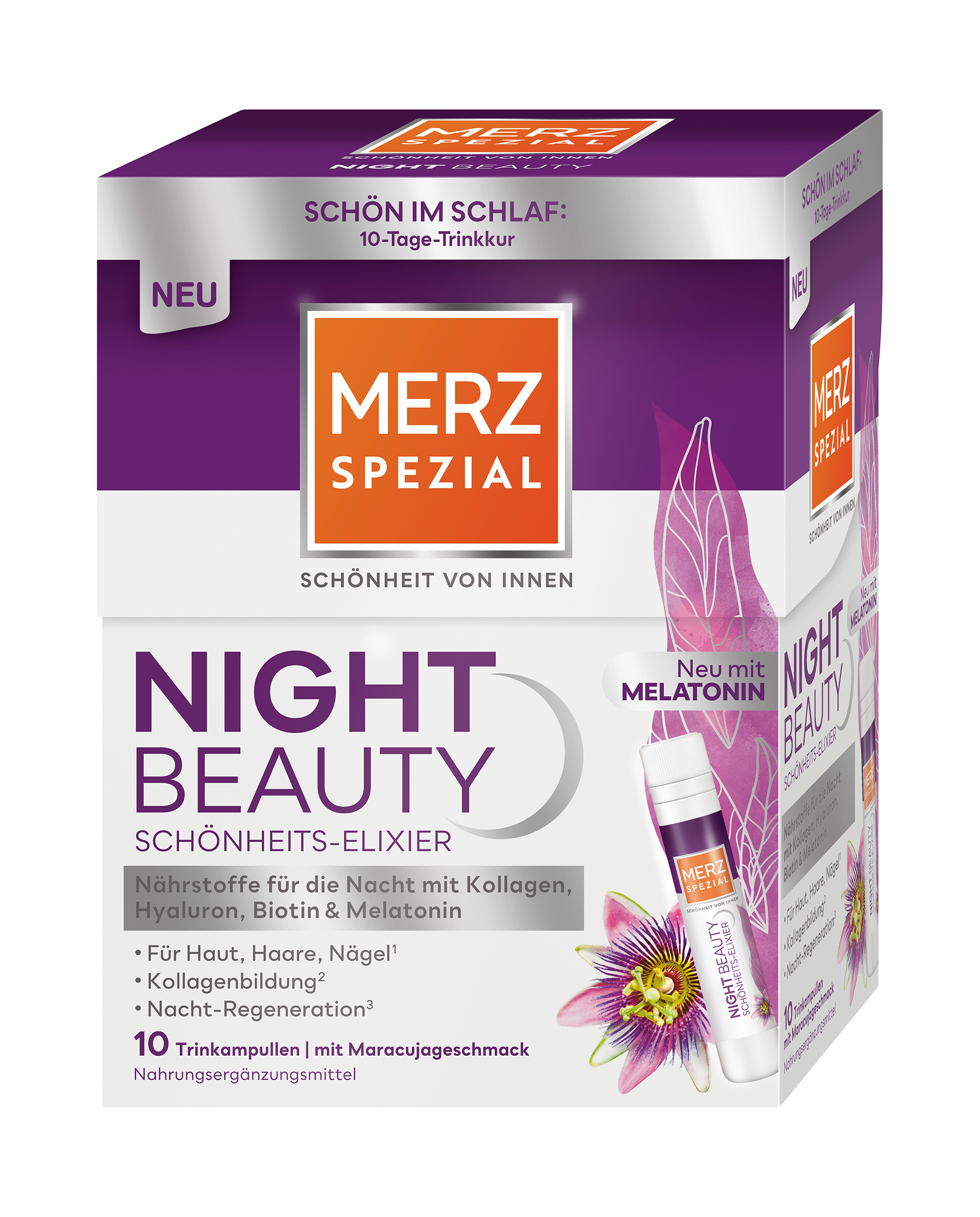 Merz Spezial Night Beauty Schönheits-Elixier mit Biotin und Hyaluron, abgebildet mit Passionsblumen, mit deutscher Beschriftung.