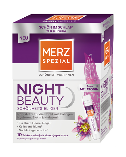 Merz Spezial Night Beauty Schönheits-Elixier mit Biotin und Hyaluron, abgebildet mit Passionsblumen, mit deutscher Beschriftung.