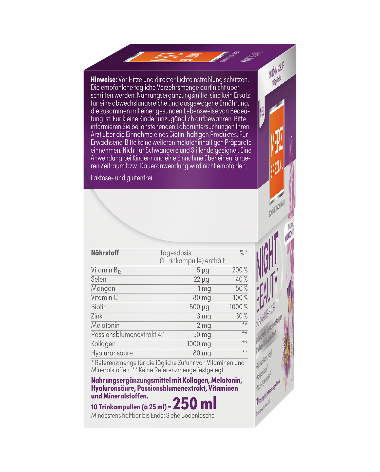 Verpackung von „Merz Spezial Night Beauty Schönheits-Elixier“ mit Nährwertangaben und weiteren Informationen auf Deutsch auf der Rückseite.
