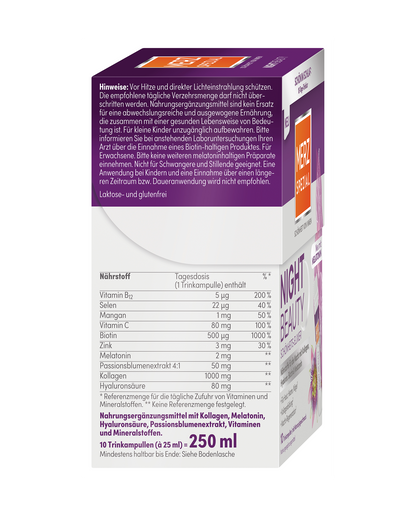 Verpackung von „Merz Spezial Night Beauty Schönheits-Elixier“ mit Nährwertangaben und weiteren Informationen auf Deutsch auf der Rückseite.