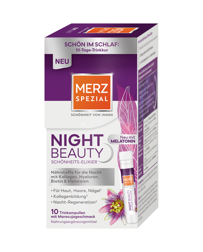 Merz Spezial Night Beauty Schönheits-Elixier-Box mit Text, Blume, Ampulle – enthält Biotin für Haut, Haare und Nägel.